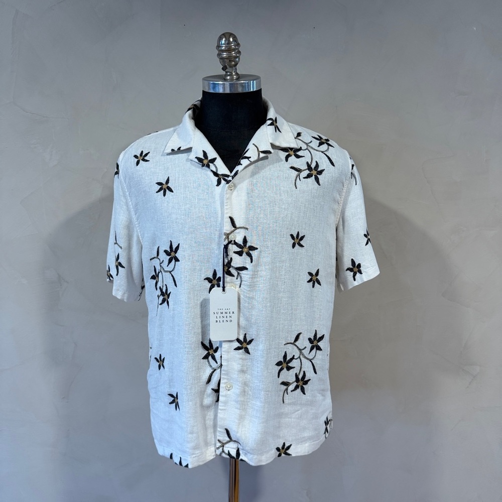 Abercrombie & Fitch Linen Blend White Camp Shirt Floral Embroidered